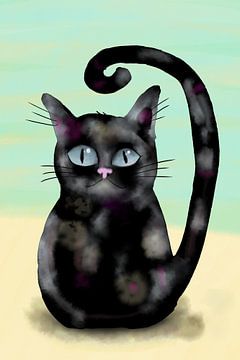 Schwarze Katze mit blauen Augen und gelocktem Schwanz