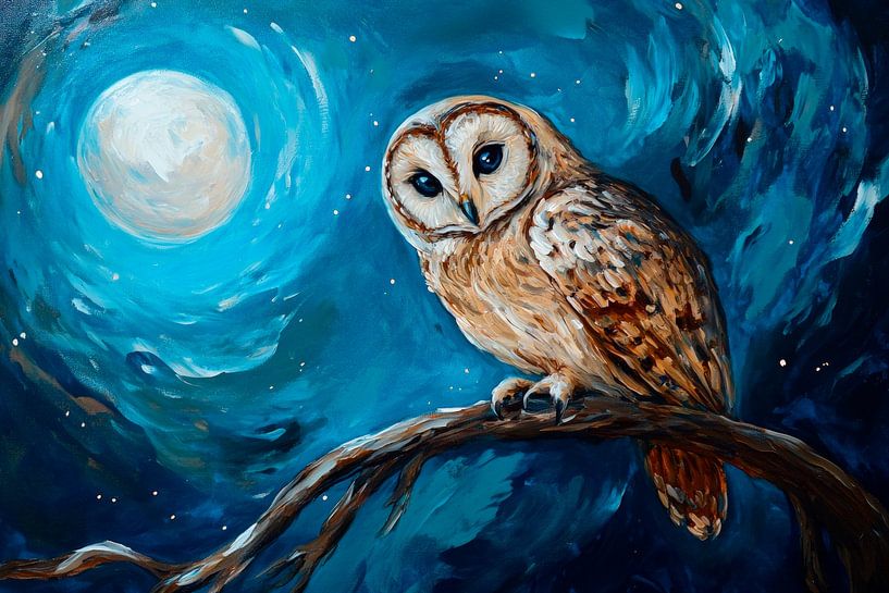 Eule im Mondschein auf Ast von Poster Art Shop