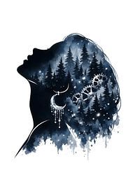 Aquarellbild: Silhouette einer Frau im himmlischen Wald von Faheem Beigh
