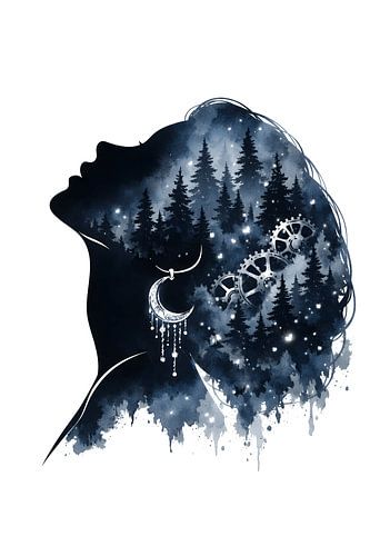 Silhouet van een vrouw in het hemelse bos – aquarelkunst
