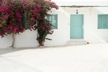 Maison blanche et portes bleues avec un bougainvillier | photographie de voyage | Paros Cyclades Grèce sur Kimberley Jekel