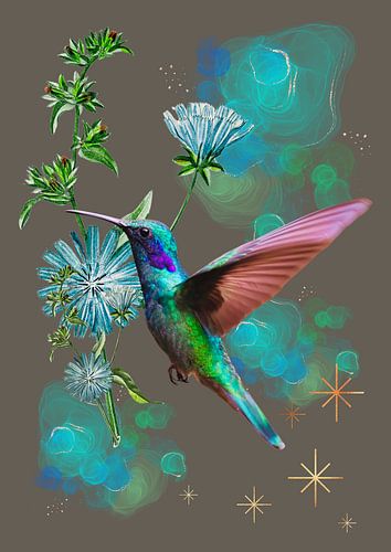 Kolibri mit Blumen im Vintage-Stil