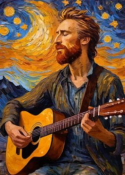 Van Gogh speelt akoestische gitaar in abstracte sterrennacht van MIROKKU