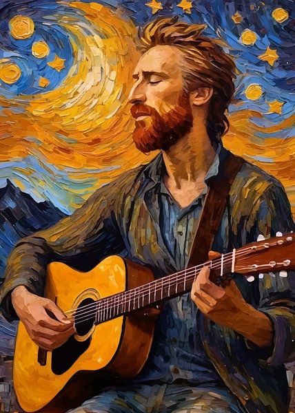 Van Gogh spielt Akustikgitarre in abstrakter sternenklarer Nacht von MIROKKU