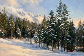 A snow-covered fir forest in the evening light – a wintry mountain landscape (classical oil painting)