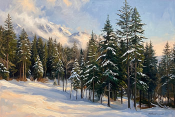 A snow-covered fir forest in the evening light – a wintry mountain landscape (classical oil painting)