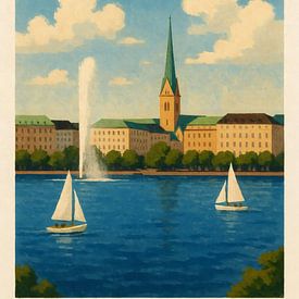 Vue sur l'Alster avec des voiliers et la fontaine de l'Alster sur Sabine Wagner