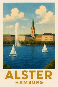 Vue sur l'Alster avec des voiliers et la fontaine de l'Alster
