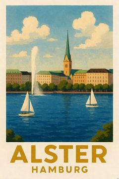 View of the Alster with sailors and the Alster fountain by Sabine Wagner