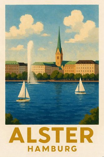 Vue sur l'Alster avec des voiliers et la fontaine de l'Alster sur Sabine Wagner