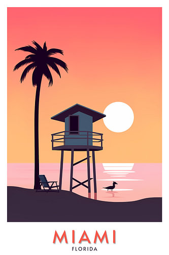Rettungsschwimmerturm in Miami bei Sonnenuntergang | Florida-Poster
