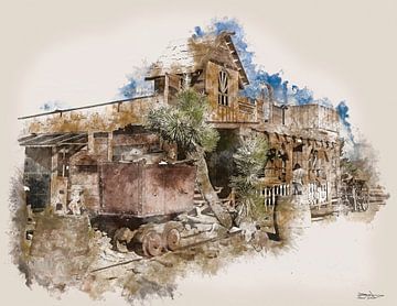 Digital Art. Altes Gebäude im Wilden Westen in Aquarell von Gelissen Artworks