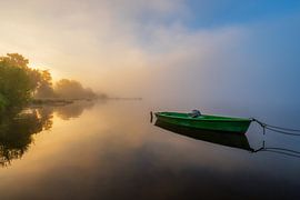Green boat in the morning mist on Lake Hopfensee, Allgäu by Sauerland-Fotos by Robin Deimel