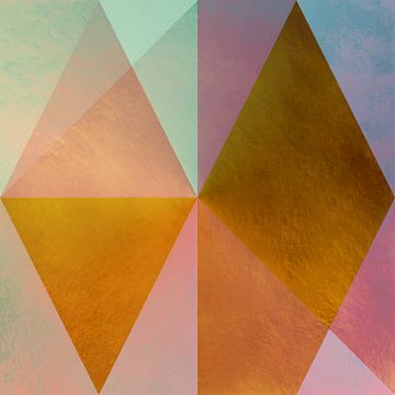 Moderne abstracte retrostijl in pastelroze, goud, groen en paars. van Dina Dankers