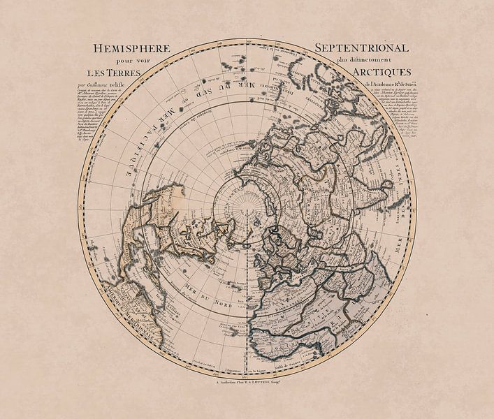 Historische kaart van het noordelijk halfrond en de noordpool van Andrea Haase