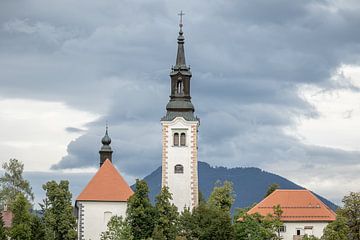 zicht op beroemde kerk in het meer van Bled in Slovenië