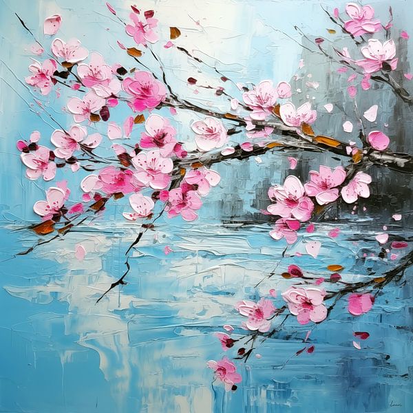 Japanese blossom in pink on blue background by Lauri Creates