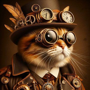 steampunk met kat met hoed en veren van Bernhard Karssies