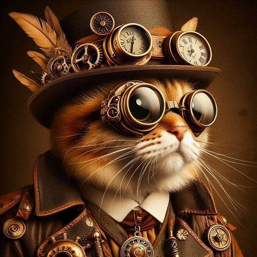 steampunk met kat met hoed en veren