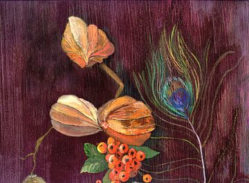 Still life with lampinion flower and peacock feather by Claudia Gründler