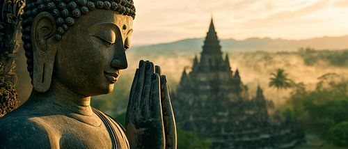 Buddha with temple in the background