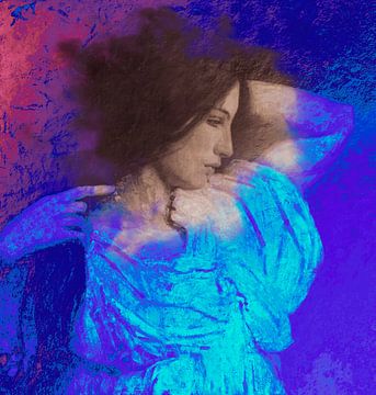Vintage-Porträt einer jungen Frau in Sepia, leuchtendem Blau und Rot. von Dina Dankers