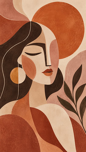 Terracotta Sun and Woman Portrait - Boho Abstract Cubist Wall Art Print