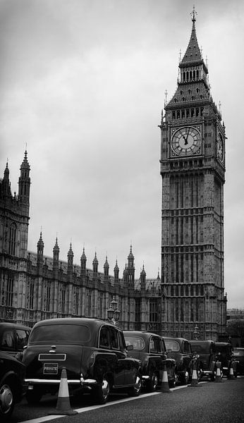 Big Ben and Hackney carriage black cab taxi in black and white by iPics Photography