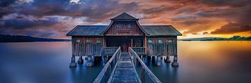 Boathouse with jetty at Ammersee in sunrise by Voss Fine Art Fotografie