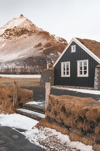 Houten huis met gras op het dak bij zonsopkomst in Arnarstapi, Ijsland