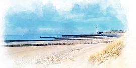 View of Westkapelle beach, watercolour image by Danny de Klerk