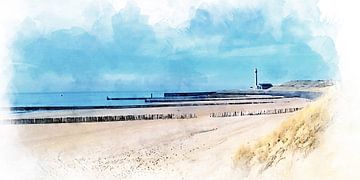 Zicht op strand van Westkapelle, aquarel-afbeelding van Danny de Klerk