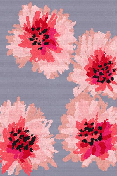 Romantic floral in pink and red colors on warm lilac by Dina Dankers