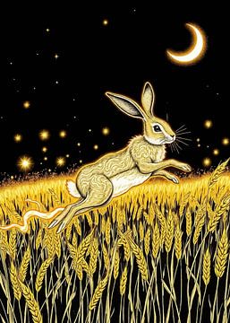 Rabbit Jumping Under Crescent Moon – Golden Night Fantasy Art by MIROKKU