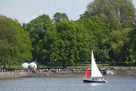 Sailing boat, lawn at the Aasee , Münster in Westphalia, North Rhine-Westphalia, Germany, Europe by Torsten Krüger