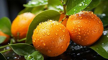 Biologische sinaasappel op een sinaasappelboom met waterdruppels van Animaflora PicsStock