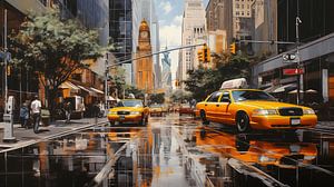 Gelbes Taxi in einer Großstadt, abstrakte Kunstmalerei