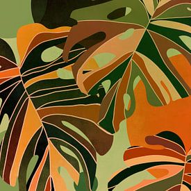 Eine Kollektion skurriler Monstera-Blätter im Bohème-Stil in Retro-Farben. von Bianca van Dijk