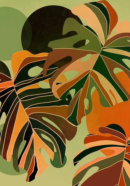 Eine Kollektion skurriler Monstera-Bltter im Bohme-Stil in Retro-Farben.  von Bianca van Dijk auf ArtFrame, Leinwand, Poster und mehr | Art Heroes