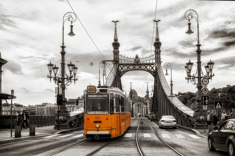 Boedapest - Liberty Bridge met historische tram van Carina Buchspies