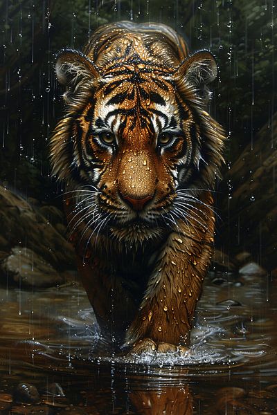 Porträt eines Tigers im Regen von Art & Soul Creations