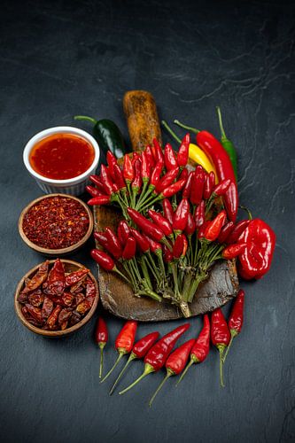 Fiery chilli collection with sauce and spice powder