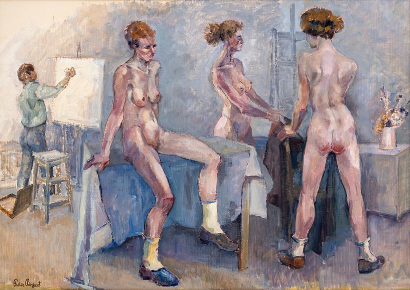 Komposition von 3 Aktmodellen und einem Maler - Öl auf Wellpappe von Galerie Ringoot