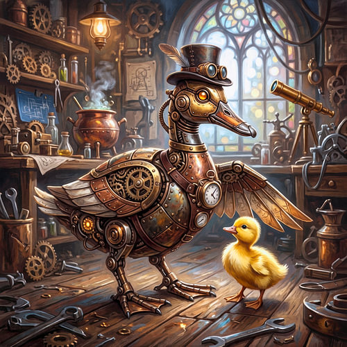 Steampunk-eend met eendjes