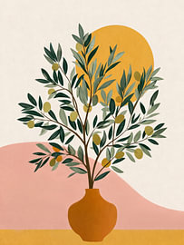 Olive Tree and Golden Sun Botanical Painting by Gentle Echoes