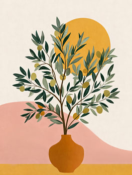 Olive Tree and Golden Sun Botanical Painting