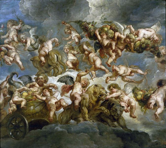 angels with carriage carried by lion and bear - Peter Paul Rubens, 1633 by Atelier Liesjes