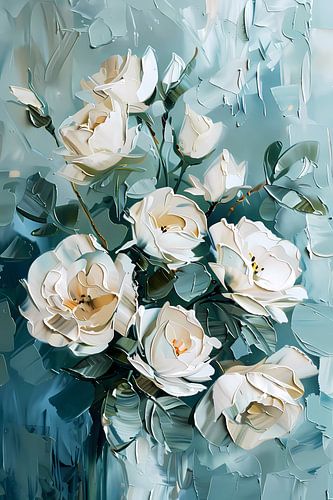 Dusty Blue Roses Impasto Floral Wall Art