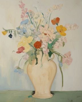 Vase with flowers in pastel colours, illustration by Carla Van Iersel