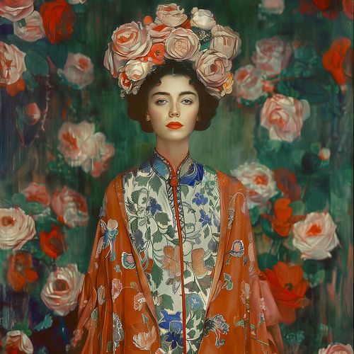 Elegante Frau im traditionellen Kimono, umgeben von Blumen